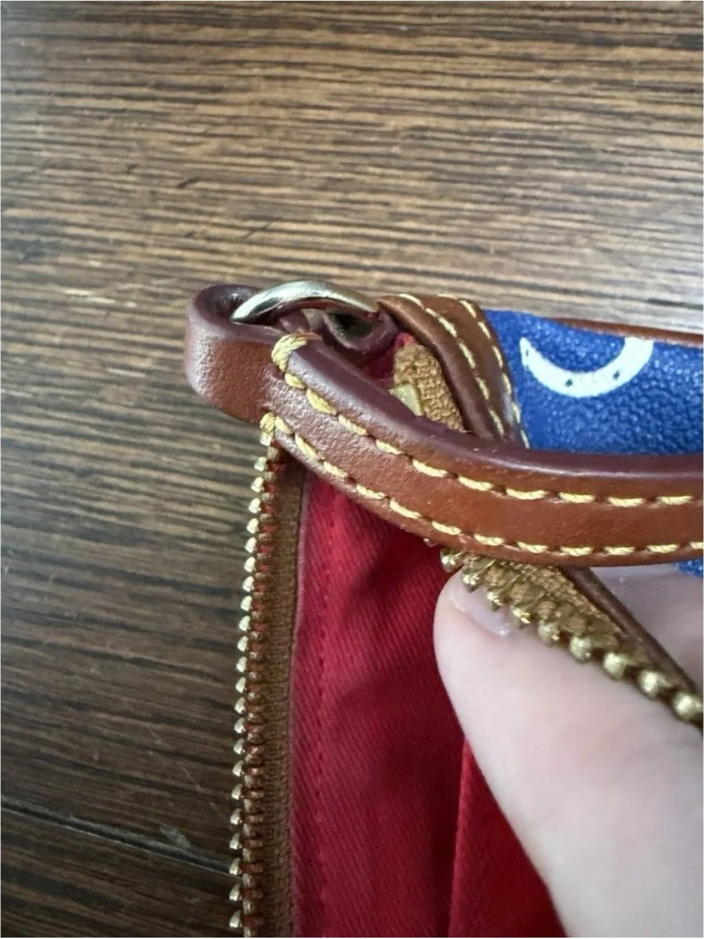 Dooney & Bourke Blue Horseshoe Print Wristlet with Brown Trim